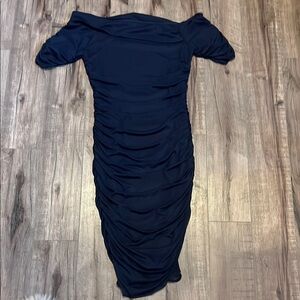 VENUS Blue Ruched Off-Shoulder Bodycon Midi Dress